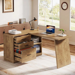 55 - Inch L Shaped Computer Desk with 3 Drawers, Corner Home Office Desk with Storage Shelves
