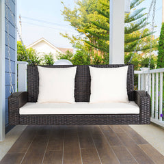 Costway 2-Person Patio Rattan Hanging Porch Swing Bench Chair Cushion Turquoise, Blue