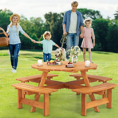 8-Person Round Wood Picnic Table Set with 4 Built-in Benches & 2" Umbrella Hole, Holds 2420 LBS, Outdoor Dining Table & Bench for Patio Garden