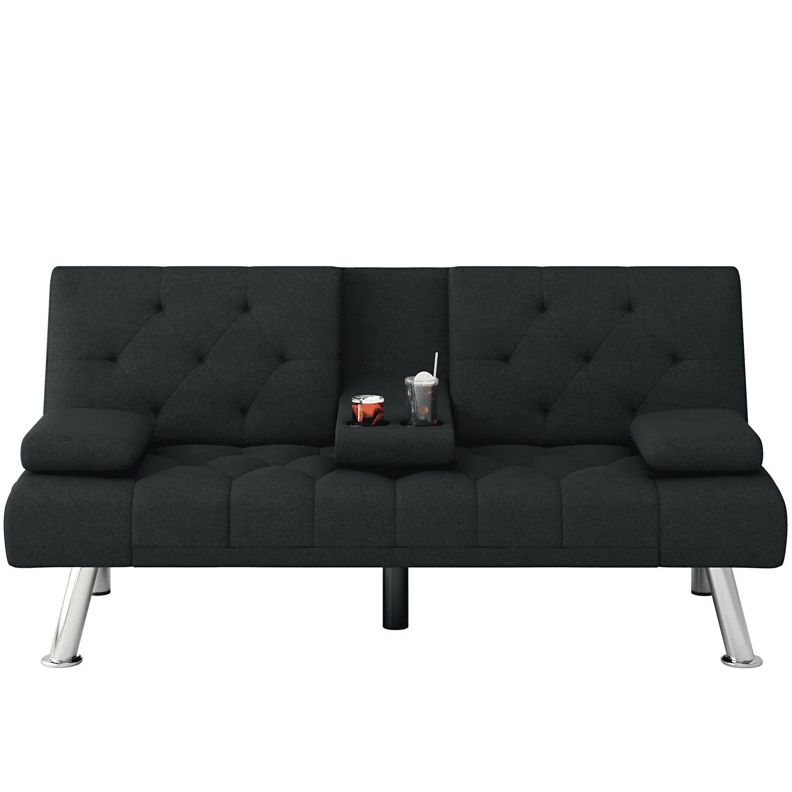 Homfa 66.3'' Upholstered Sofa Bed Couch, Convertible Futon Folding Sleeper Sofa with Removable Armrests and 2 Cupholders for Living Room, Black