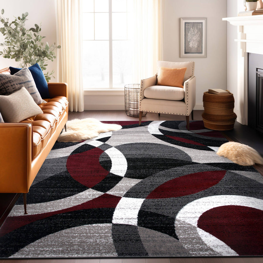 Contemporary Modern Circles Abstract Area Rug 5' 3" x 7' 3" Red