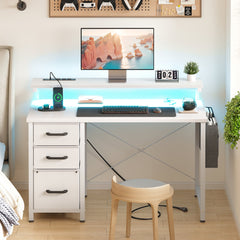 40 in Computer Desk with Power Outlets & LED Lights, Home Office Desk with 3 Drawers & Adjustable Monitor Shelf, , Writing Desk with Storage Bag, Vintage