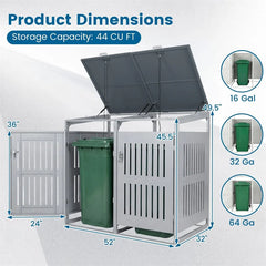 44 Cu.Ft Outdoor Trash Can Storage Shed for 2 Bins, Metal Garbage Can Organizer with Gas Struts, Shock Absorbers, Lockable Doors & Slant-Roof