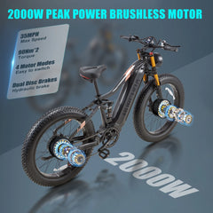 Dual Motors AWD 2000W Electric Bike for Adult 26'' UL2849 48V 30AH E - Mountain Bike 4.0 Fat Tire up to 35MPH&120miles Long Range Off - Road Ebike Dual Hydraulic Disc Brakes&Ful Suspension Electric Bicyc