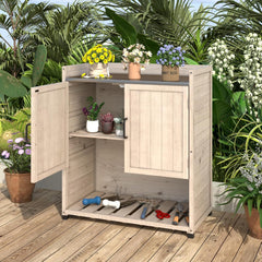 AECOJOY Potting Bench, Outdoor Wooden Storage Cabinet with Adjustable Shelf, Metal Tabletop