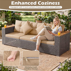 86.5" 3-Seat Patio Wicker Sofa, 3PCS Modular PE Rattan Sectional Furniture Set with Cup Holders & Wood Armrests, Outdoor Couch for Garden Yard