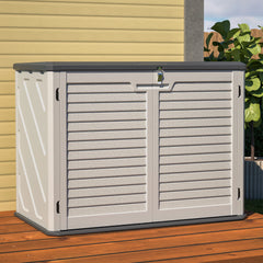 AECOJOY Horizontal Storage Shed with Removable Shelf, Lockable Outdoor Storage Cabinet – 28 Cu.ft, Ivory White