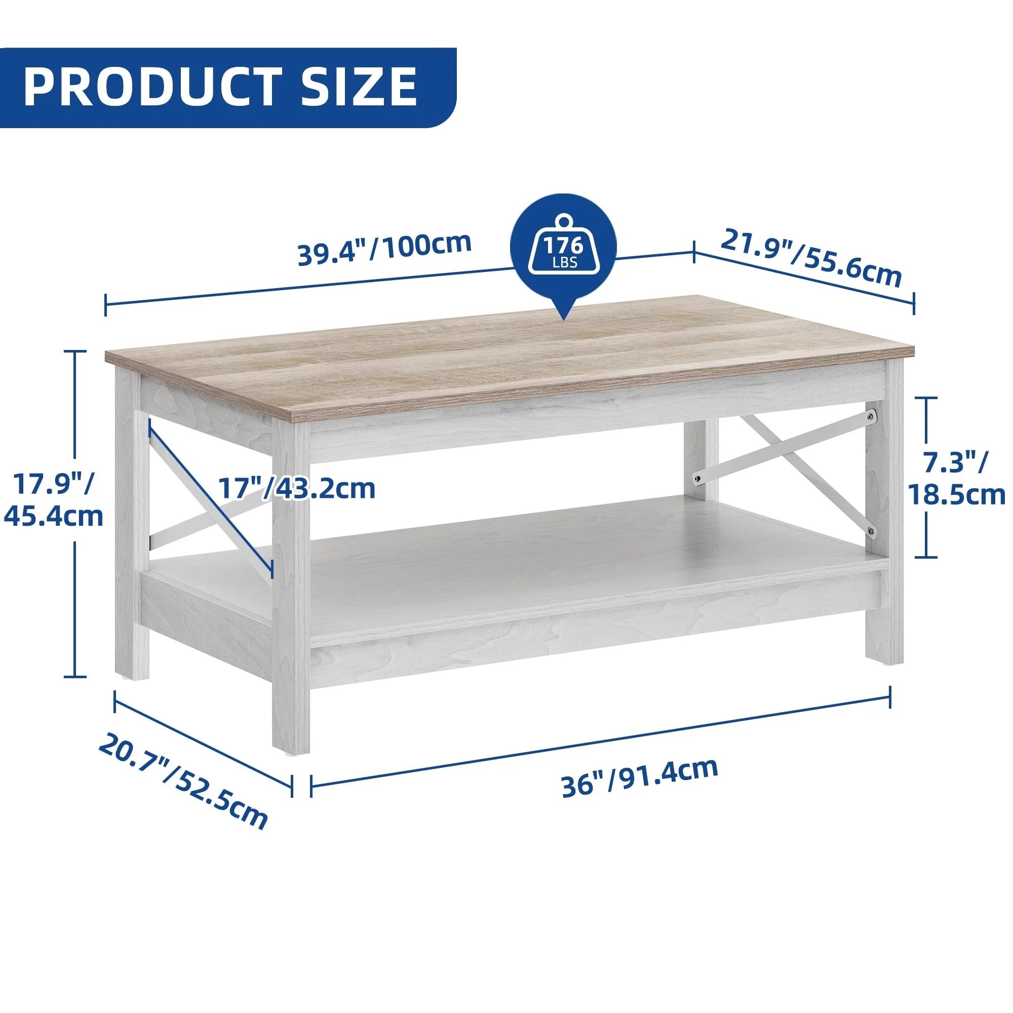 Moasis Farmhouse Coffee Table with Storage 2 - Tier Center Table for Living Room Grey Wash Top+White