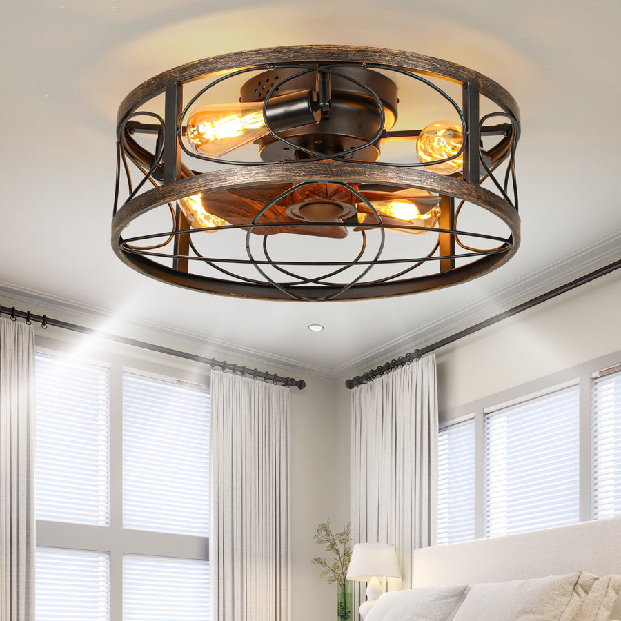 Dextrus 20" Caged Ceiling Fan with Lights and Remote Control, Rustic Farmhouse Flush Mount Design with Reversible DC Motor, 6 Speed Settings for Indoor/Outdoor Use (Brown & Black)