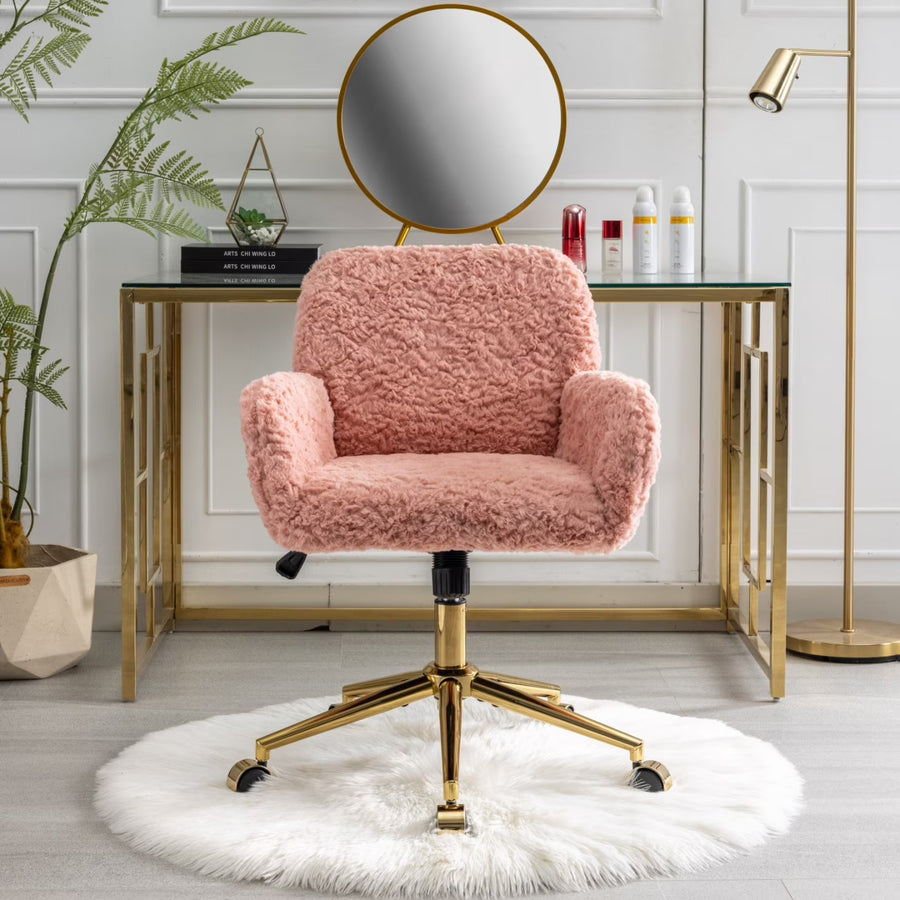 Furniture Office Chair, Artificial Rabbit Hair Makeup Vanity Chair Chair, 360 Comfy Swivel Armchair with Wheels, Modern Height Adjustable Cute Vanity Chair for Living Room Small Spaces Pink