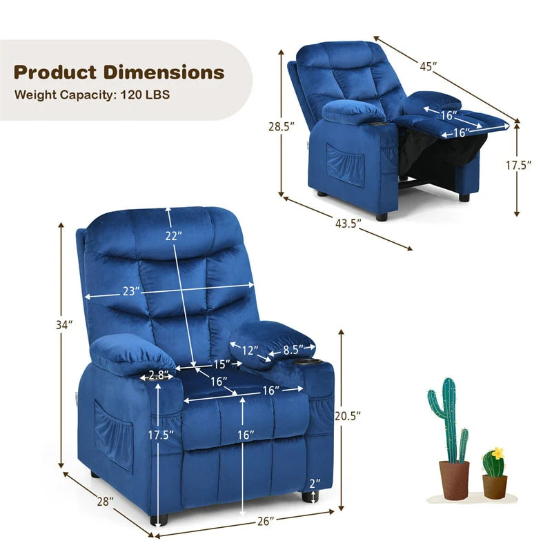 Kids Recliner Chair Adjustable Velvet Lounge Sofa with Cup Holders, 3 Pockets, Retractable Footrest, Toddler Furniture Sofa for Boys Girls Room