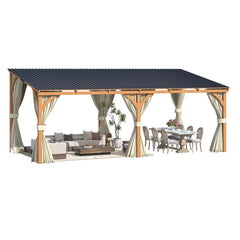 AECOJOY 20x10 Outdoor Wooden Pergola Gazebo with Curtains and Netting for Patio