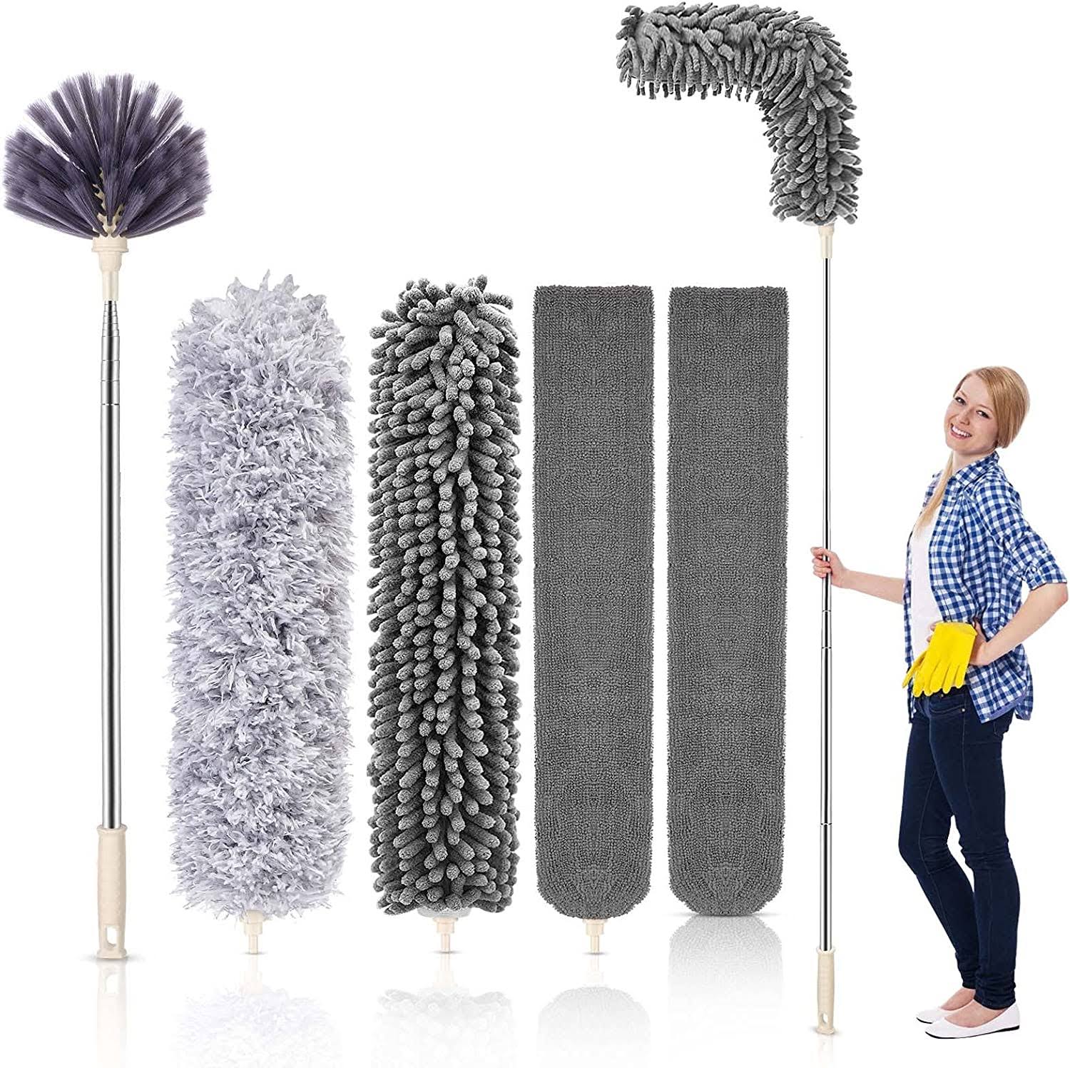 Happylost Microfiber Duster with 30-100 inch Extension Rod Bendable for Cleaning High Ceiling Fans, Cobwebs, Blinds, Furniture, Cars (Gray)