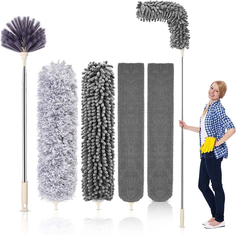 Happylost Microfiber Duster with 30-100 inch Extension Rod Bendable for Cleaning High Ceiling Fans, Cobwebs, Blinds, Furniture, Cars (Gray)