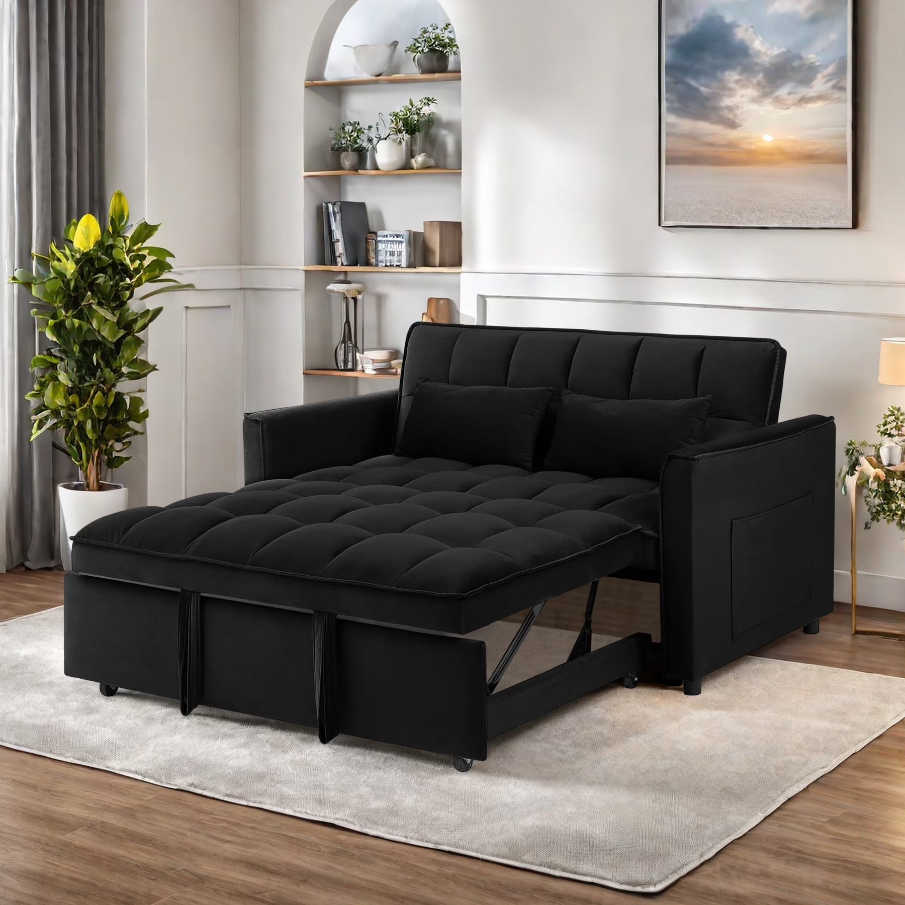 Convertible Sofa Bed, 3 - in - 1 Sleeper Sofa with Pull Out Bed, Sleeper Futon Couch Loveseat with Adjsutable Backrest and Pillows for Living Room, Black