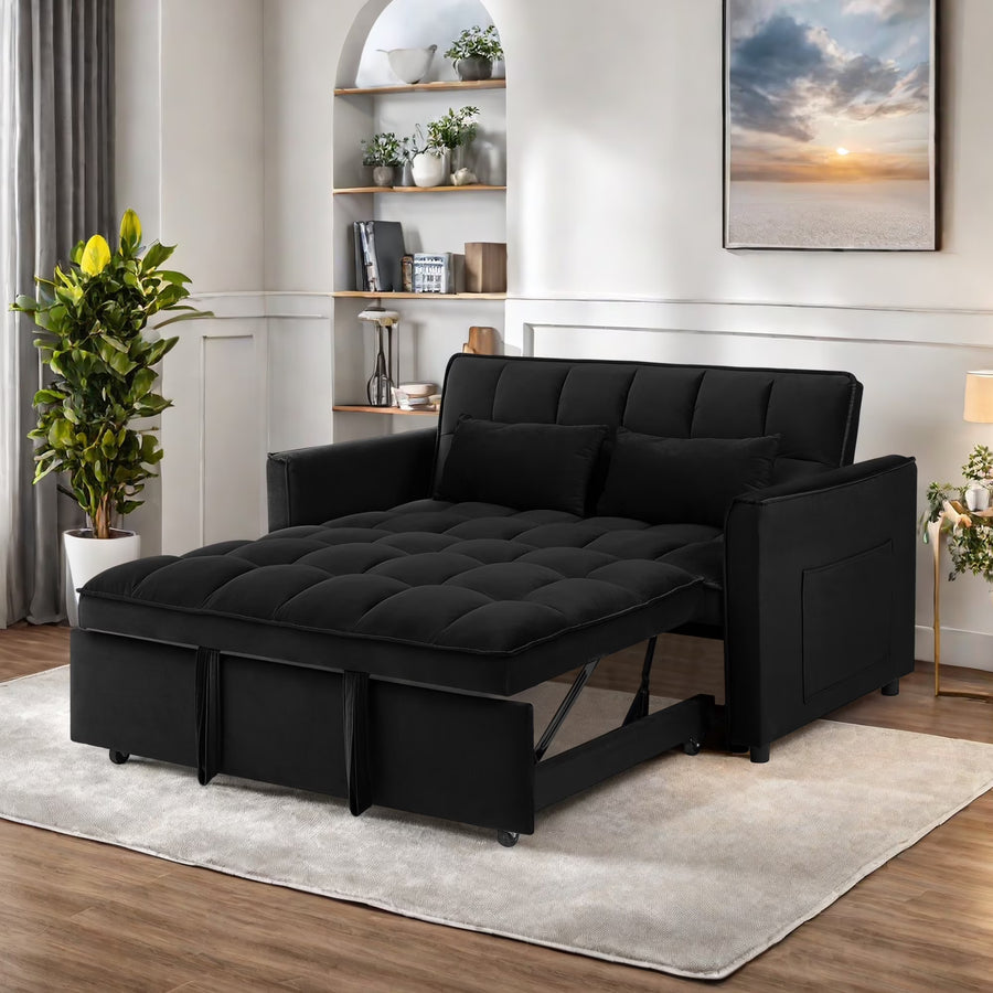 Convertible Sofa Bed, 3 - in - 1 Sleeper Sofa with Pull Out Bed, Sleeper Futon Couch Loveseat with Adjsutable Backrest and Pillows for Living Room, Black