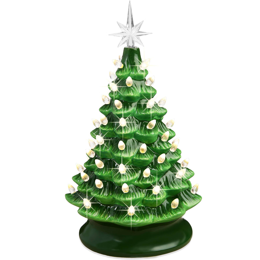 Best Choice Products 15in Ceramic Christmas Tree, Pre-Lit Hand-Painted Holiday Decor w/ 64 Lights - Green w/ Warm White Bulbs