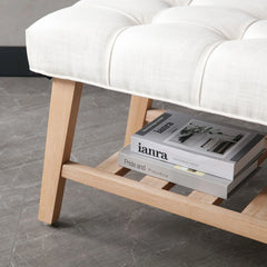 Dayalane Upholstered Storage Bench with Shoe Rack, Linen Fabric Entryway Bench for Living Room, Bedroom and Hallway, Multi Functional Ottoman with Solid Wood Shelf, Beige