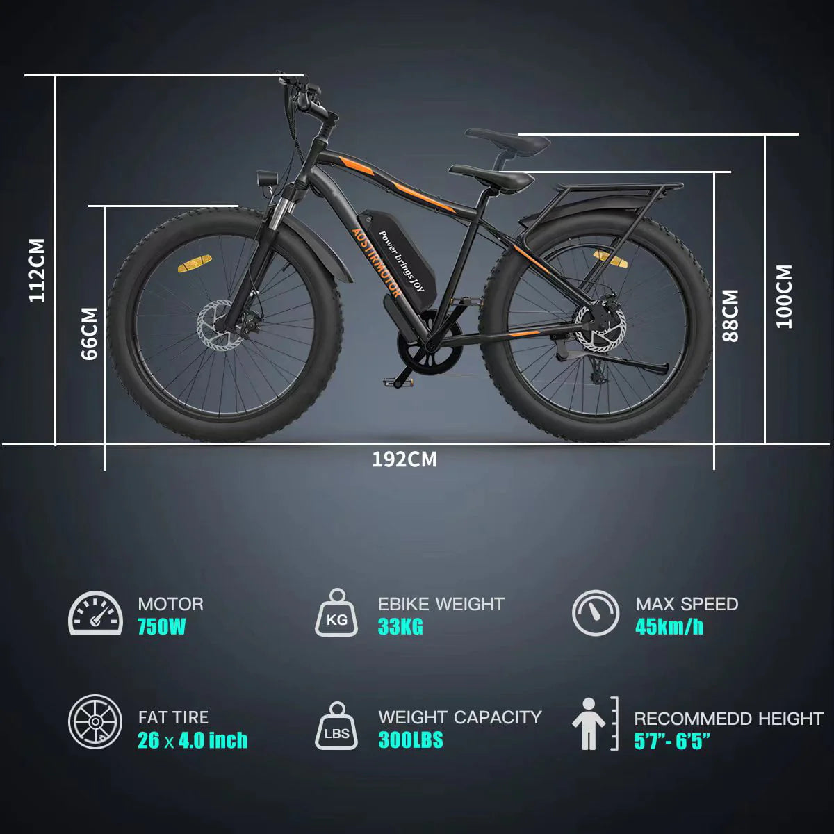 Aostirmotor Electric Mountain Bike, 48V 13AH Removable Lithium Battery 750W Ebike with Rack, 26" 4.0 in Fat Tire Bike, Electric Bicycle for Adults(Black)