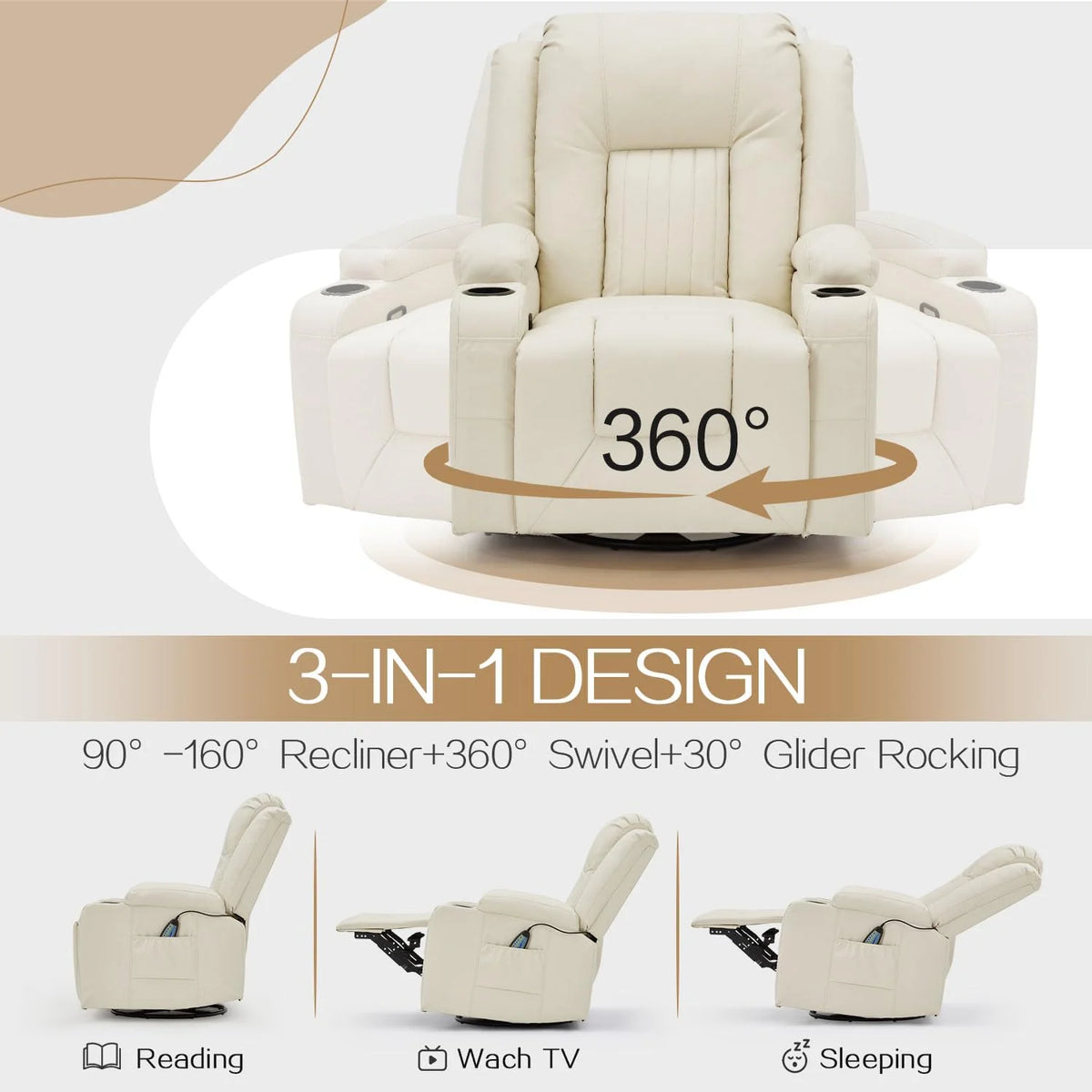 AECOJOY Massage Recliner Manual Chair with Heating & 360° Swivel Rocking Function, Cream White