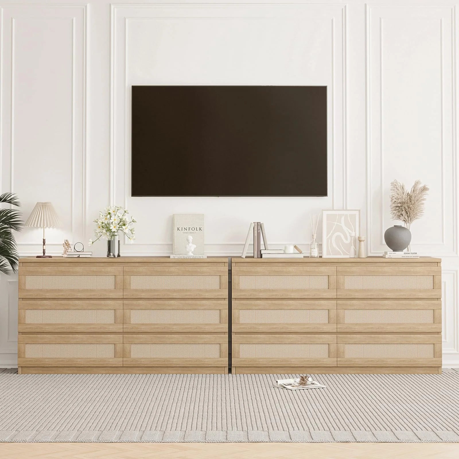 Garvee Rattan Dresser for Bedroom 6 Drawer, Double Dresser with Anti - Tip Kit, Wood Storage Wide Chest of Drawers for Bedroom, Living Room, Hallway, Oak Color
