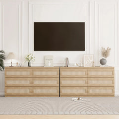Garvee Rattan Dresser for Bedroom 6 Drawer, Double Dresser with Anti - Tip Kit, Wood Storage Wide Chest of Drawers for Bedroom, Living Room, Hallway, Oak Color