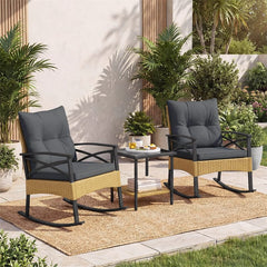 3 Piece Rattan Patio Rocking Bistro Set, Outdoor Wicker Rockers with Cushions & 2-Tier Tempered Glass Coffee Table for Porch, Balcony, Backyard