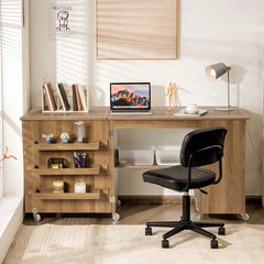 62.5" Folding Sewing Table Rolling Craft Station with Storage Cabinet & Shelves, Foldable Sewing Machine Desk w/ Lockable Wheels for Home
