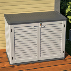 AECOJOY Horizontal Storage Shed with Removable Shelf, Lockable Outdoor Storage Cabinet – 28 Cu.ft, Ivory White