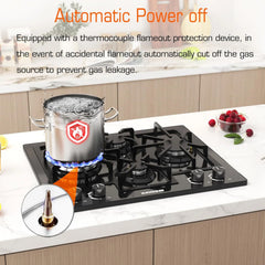 24 in Black Gas Cooktop - Built - in Dual Fuel Natural Gas & Propane Stove - 4 Burner Convertible Cooktop with Thermocouple Protection