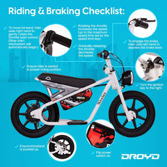 Droyd Weeler Electric Mini Bike - 24V 8ah Battery, 6 - 10 MPH, up to 8 Miles, LED Lights, Kids Ages 6+