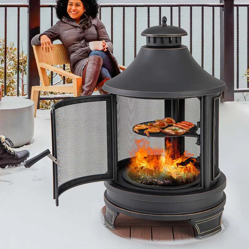 30" 2-in-1 Metal Chiminea Fire Pit with Adjustable Grill & Chimney, Outdoor Wood Burning Chiminea Fireplace with Spark Screen for Patio Backyard BBQ