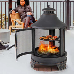 30" 2-in-1 Metal Chiminea Fire Pit with Adjustable Grill & Chimney, Outdoor Wood Burning Chiminea Fireplace with Spark Screen for Patio Backyard BBQ