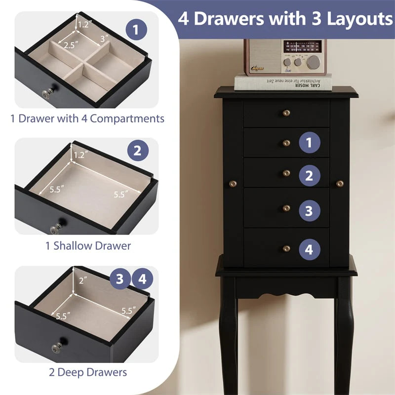 Standing Jewelry Armoire Cabinet with Flip Top Mirror, 4 Drawers, 8 Necklace Hooks & 2 Side Doors, Jewelry Storage Organizer Chest for Bedroom