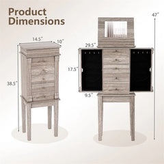 Standing Jewelry Armoire Cabinet with Flip Top Mirror, 5 Drawers & 2 Swing Doors, Velvet Lined Jewelry Storage Organizer for Necklaces Rings