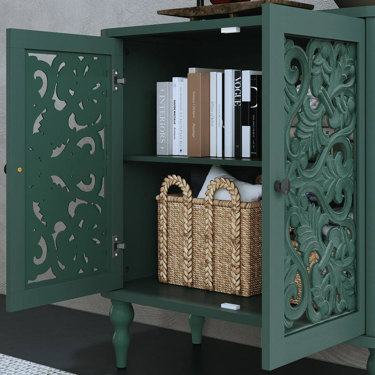 HLR 48" Accent Cabinet with 4 Doors, Vintage Hollow Carving Storage Credenza, Sideboards and Buffets Cabinet for Living Room, Kitchen, Dining Room, Entryway