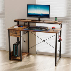 40 in Computer Desk with Power Outlets & LED Lights, Home Office Desk with 3 Drawers & Adjustable Monitor Shelf, , Writing Desk with Storage Bag, Vintage