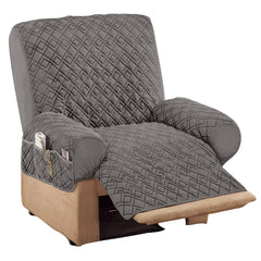 Collections Etc Diamond-Shape Quilted Stretch Recliner Cover with Storage Pockets and Elastic Straps - Furniture Protector, Gray