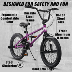 Cubsala 20 in Kids BMX Bike Freestylefor Age 6 - 14 Years Old Boys Girls with 4 Pegs, Black with Red Tires