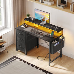 40 in Computer Desk with Power Outlets & LED Lights, Home Office Desk with 3 Drawers & Adjustable Monitor Shelf, , Writing Desk with Storage Bag, Vintage