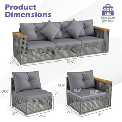 86.5" 3-Seat Patio Wicker Sofa, 3PCS Modular PE Rattan Sectional Furniture Set with Cup Holders & Wood Armrests, Outdoor Couch for Garden Yard