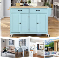 Kitchen Storage Islands&Carts with Solid Wood Top and Locking Wheels, Kitchen Island Cart with 4 Door Cabinet and Two Drawers, Kitchen Cabinets for Kitchen and Dining Room, Green