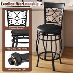 26" Vintage Swivel Bar Stools Set of 2, Counter Height Metal Barstools with Back & Upholstered PU Leather Padded Seat for Pub, Kitchen Island
