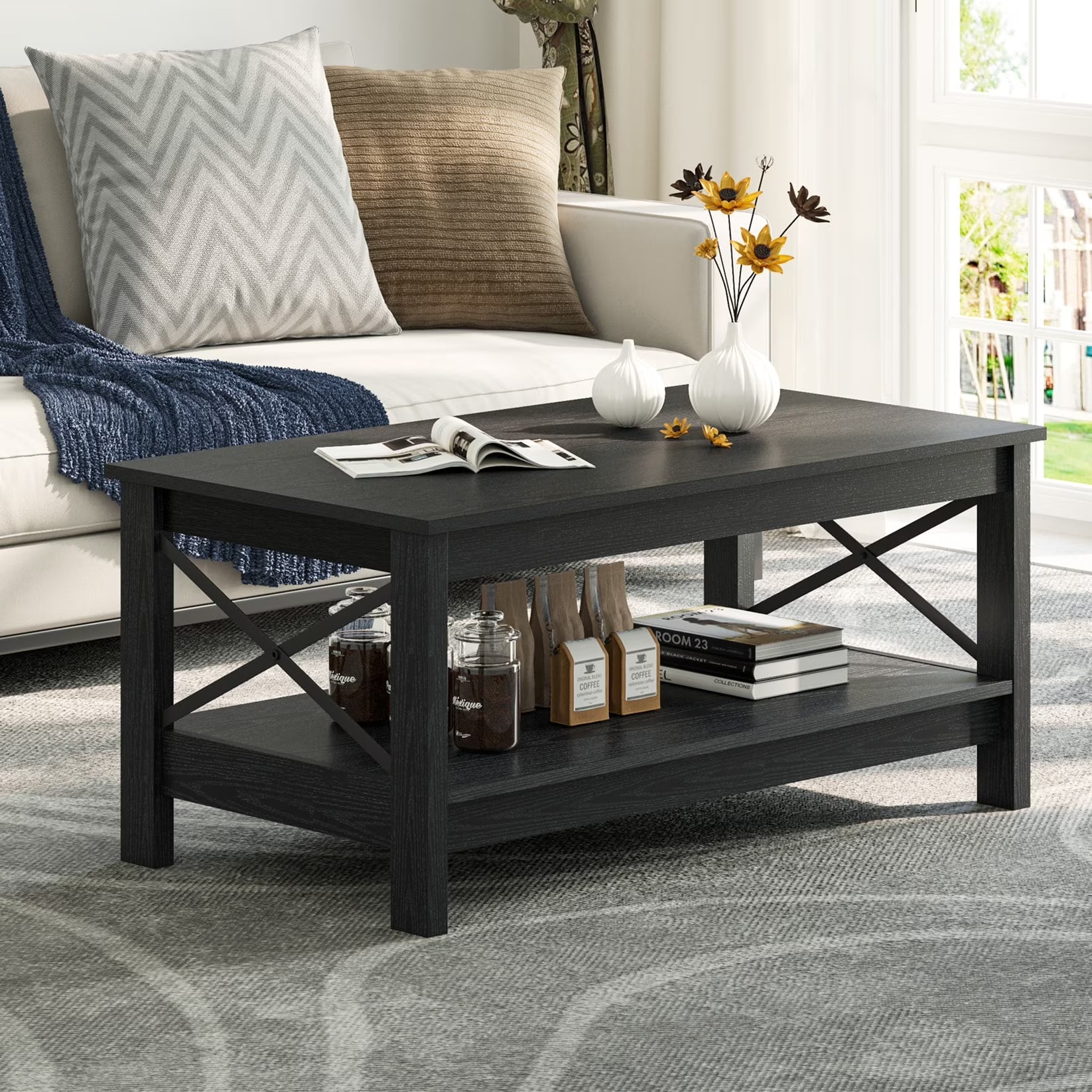 Moasis Farmhouse Coffee Table with Storage 2 - Tier Center Table for Living Room Grey Wash Top+White