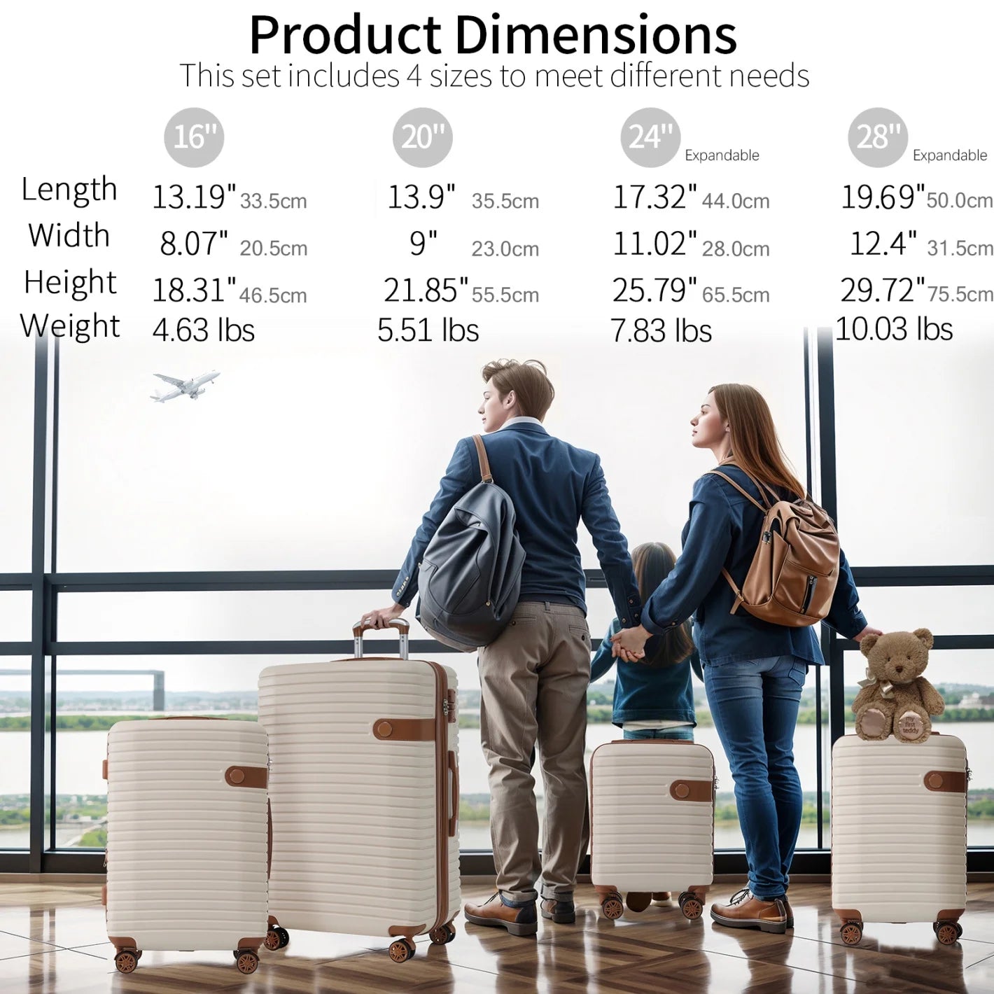 Luggage Sets, 4 - Piece Lightweight Suitcase Set with 4 Packing Cubes and TSA Lock, Hardshell Suitcases with Spinner Wheels, (16/20/24/28 ), Brown
