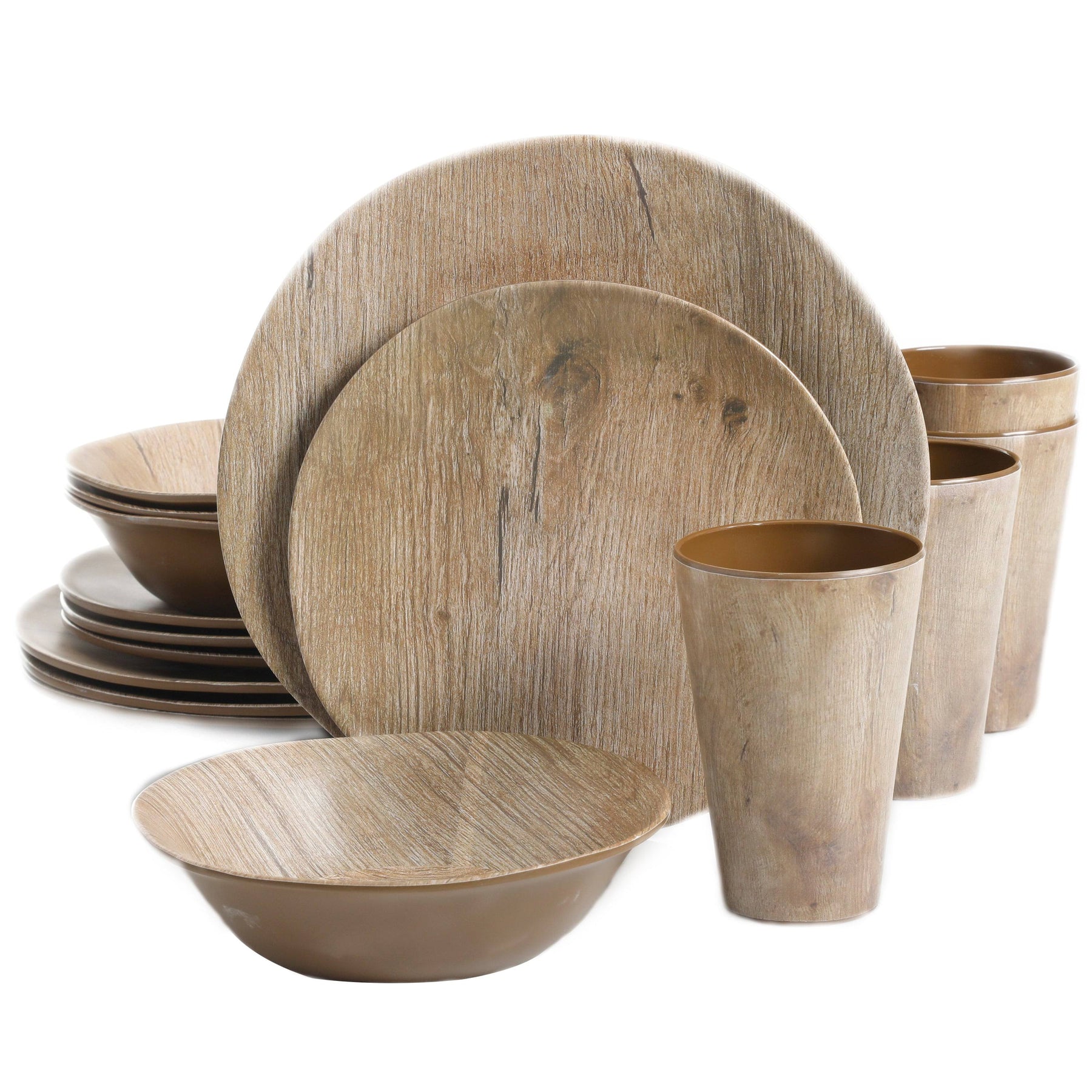 Gibson Home Woodlands Round Melamine Dinnerware Set Service for Four (16pcs) Wood