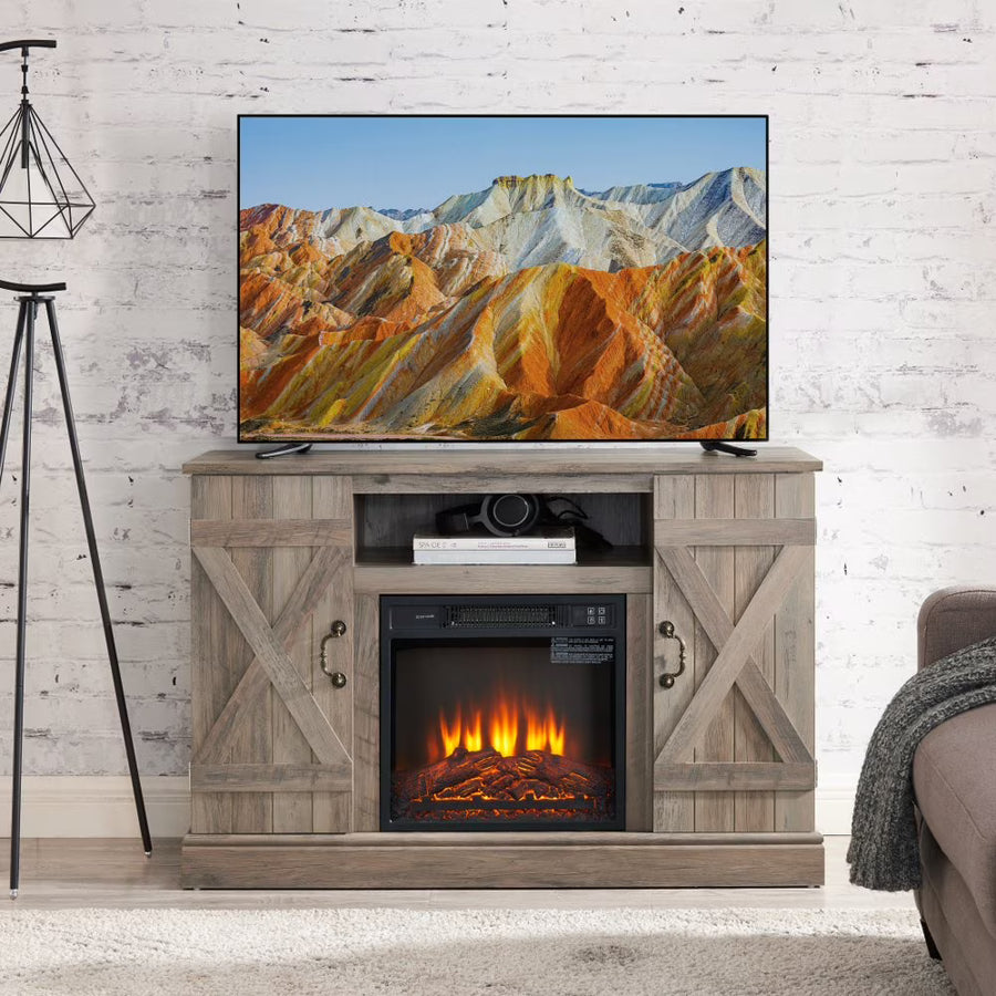 Gzxs Farmhouse Fireplace TV Stand with 18" Electric Fireplace for 50 in Tvs, Farmhouse Entertainment Center W/ Open Shelves, TV Media Console for Living Room, Gray Wash