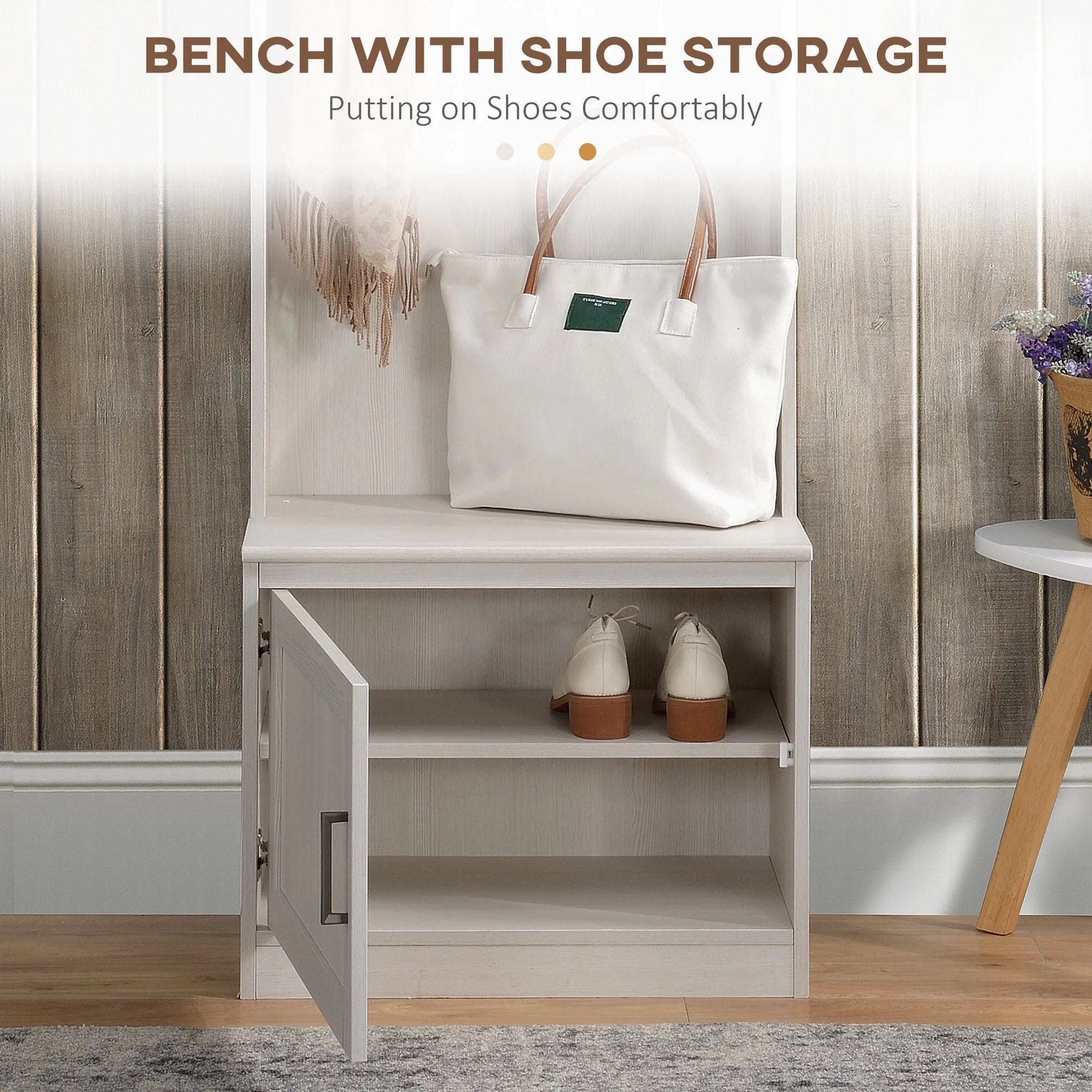 HOMCOM Rustic Hall Tree with Shoe Storage Bench, Entryway Bench with Coat Rack, Accent Coat Tree with Storage Shelves for Hallway, Mudroom, White