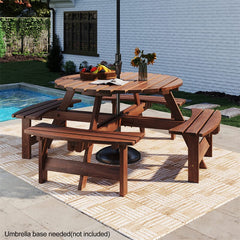 8-Person Round Wood Picnic Table Set with 4 Built-in Benches & 2" Umbrella Hole, Holds 2420 LBS, Outdoor Dining Table & Bench for Patio Garden