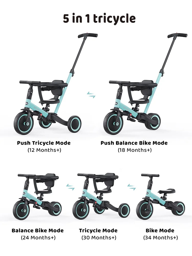 Newyoo TR008 5 - in - 1 Toddler Tricycle with Push Handle, Converts to Balance Bike for 1 - 3 Year Old, Khaki